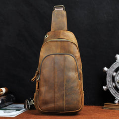 Cool Brown Mens Leather One Shoulder Backpack Chest Bag Sling Bags For Men - imessengerbags
