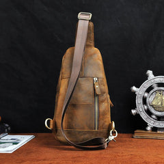 Cool Brown Mens Leather One Shoulder Backpack Chest Bag Sling Bags For Men - imessengerbags