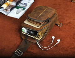 Cool Brown Mens Leather One Shoulder Backpack Chest Bag Sling Bags For Men - imessengerbags