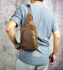 Cool Brown Mens Leather One Shoulder Backpack Chest Bag Sling Bags For Men - imessengerbags