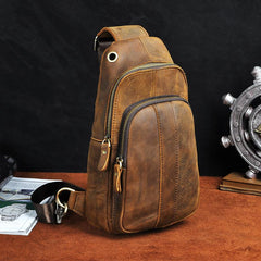 Cool Brown Mens Leather One Shoulder Backpack Chest Bag Sling Bags For Men - imessengerbags