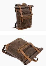Waxed Canvas Leather Mens 15'' Hiking Green Backpack Black Computer Backpack Travel Backpack for Men - imessengerbags