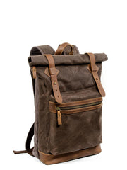 Waxed Canvas Leather Mens 15'' Hiking Green Backpack Black Computer Backpack Travel Backpack for Men - imessengerbags