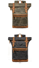 Waxed Canvas Leather Mens 15'' Hiking Green Backpack Black Computer Backpack Travel Backpack for Men - imessengerbags