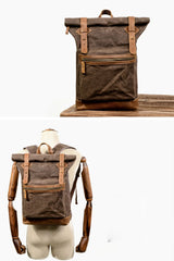 Waxed Canvas Leather Mens 15'' Hiking Green Backpack Black Computer Backpack Travel Backpack for Men - imessengerbags