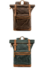 Waxed Canvas Leather Mens 15'' Hiking Green Backpack Black Computer Backpack Travel Backpack for Men - imessengerbags