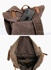 Waxed Canvas Leather Mens 15'' Hiking Green Backpack Black Computer Backpack Travel Backpack for Men - imessengerbags