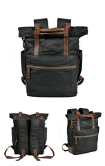 Cool Canvas Leather Mens Black College Backpack 15'' Computer Backpack Travel Backpack Hiking Bag for Men - imessengerbags