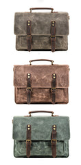 Waxed Canvas Leather Mens Green Casual 14‘’ Briefcase Handbag Messenger Bag Side Bag For Men