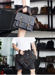 Waxed Canvas Leather Mens Green Casual 14‘’ Briefcase Handbag Messenger Bag Side Bag For Men - imessengerbags