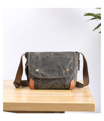 Wax Canvas Leather Mens 10'' Gray Side Bag Courier Bag Khaki Messenger Bag for Men