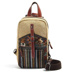 Cool Canvas Leather Mens Embroidered Sling Bag Chest Bag Gray One Shoulder Backpack for Men