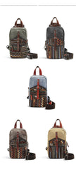 Cool Canvas Leather Mens Embroidered Sling Bag Chest Bag Gray One Shoulder Backpack for Men - imessengerbags