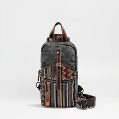 Cool Canvas Leather Mens Embroidered Sling Bag Chest Bag Gray One Shoulder Backpack for Men - imessengerbags