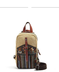 Cool Canvas Leather Mens Embroidered Sling Bag Chest Bag Gray One Shoulder Backpack for Men - imessengerbags