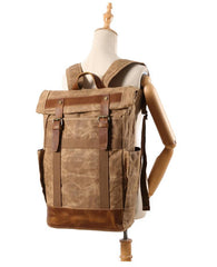 Waxed Canvas Leather Mens Waterproof Black Travel Backpack 15'' Green Computer Hiking Backpack for Men - imessengerbags
