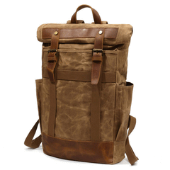 Waxed Canvas Leather Mens Waterproof Black Travel Backpack 15'' Green Computer Hiking Backpack for Men - imessengerbags