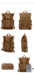 Waxed Canvas Leather Mens Waterproof Black Travel Backpack 15'' Green Computer Hiking Backpack for Men - imessengerbags