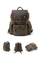 Cool Canvas Leather Mens 15'' Black Computer Backpack Green Hiking Backpack Travel Backpack for Men - imessengerbags