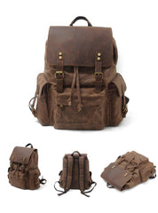 Cool Canvas Leather Mens 15'' Black Computer Backpack Green Hiking Backpack Travel Backpack for Men - imessengerbags