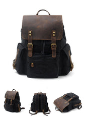 Cool Canvas Leather Mens 15'' Black Computer Backpack Green Hiking Backpack Travel Backpack for Men - imessengerbags