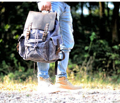Cool Canvas Leather Mens 15'' Black Computer Backpack Green Hiking Backpack Travel Backpack for Men - imessengerbags