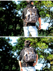Cool Canvas Leather Mens 15'' Black Computer Backpack Green Hiking Backpack Travel Backpack for Men - imessengerbags