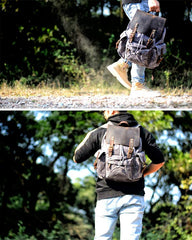 Cool Canvas Leather Mens 15'' Black Computer Backpack Green Hiking Backpack Travel Backpack for Men - imessengerbags