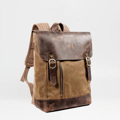 Waxed Canvas Leather Mens 14'' Waterproof Black School Backpack Green Travel Backpack for Men - imessengerbags