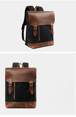 Waxed Canvas Leather Mens 14'' Waterproof Black School Backpack Green Travel Backpack for Men - imessengerbags