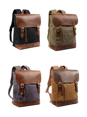 Waxed Canvas Leather Mens 14'' Waterproof Black School Backpack Green Travel Backpack for Men - imessengerbags