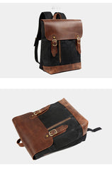 Waxed Canvas Leather Mens 14'' Waterproof Black School Backpack Green Travel Backpack for Men - imessengerbags