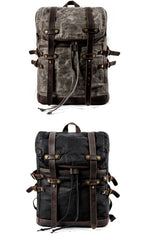 Cool Waxed Canvas Leather Mens Black 15.6‘’ Large Hiking Backpack Green Travel Backpack for Men - imessengerbags