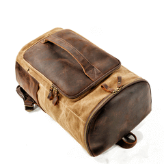 Cool Waxed Canvas Black Leather Mens 15.6‘’ Barrel Green Backpack Travel Backpack Hiking Backpack for Men - imessengerbags