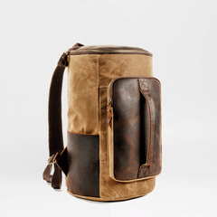 Cool Waxed Canvas Black Leather Mens 15.6‘’ Barrel Green Backpack Travel Backpack Hiking Backpack for Men - imessengerbags