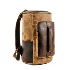 Cool Waxed Canvas Black Leather Mens 15.6‘’ Barrel Green Backpack Travel Backpack Hiking Backpack for Men - imessengerbags