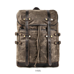 Waxed Canvas Leather Mens 15‘’ Computer Backpack Black Hiking Backpack Travel Backpack for Men - imessengerbags