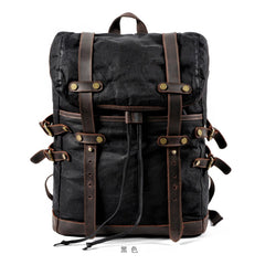 Waxed Canvas Leather Mens 15‘’ Computer Backpack Black Hiking Backpack Travel Backpack for Men - imessengerbags