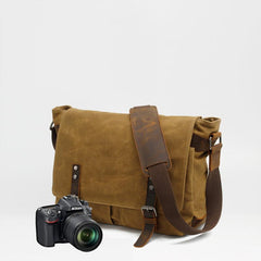 Waxed Canvas Leather Mens Black Waterproof 14'' Camera Bag Gray Side Bag Messenger Bag Shoulder Bag For Men - imessengerbags