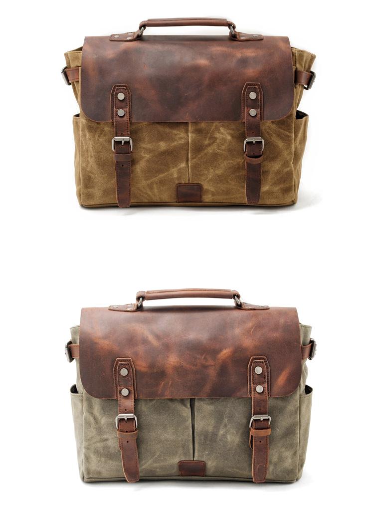 Waxed Canvas Leather Mens Waterproof Black 14‘’ Camera Bag Shoulder Bag Messenger Bag For Men - imessengerbags