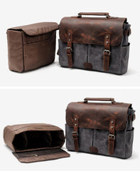 Waxed Canvas Leather Mens Waterproof Black 14‘’ Camera Bag Shoulder Bag Messenger Bag For Men - imessengerbags