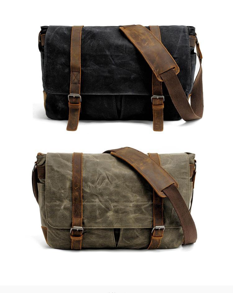Waxed Canvas Leather Mens Waterproof 14'' Camera Bags Black Side Bag Messenger Bag Shoulder Bag For Men