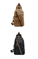 Cool Canvas Leather Mens Waterproof Sling Bag Chest Bag One Shoulder Bag for Men