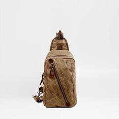 Cool Canvas Leather Mens Waterproof Sling Bag Chest Bag One Shoulder Bag for Men