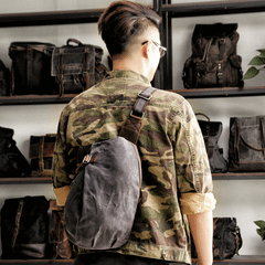 Cool Canvas Leather Mens Sling Bag Waterproof Chest Bag One Shoulder Backpack for Men