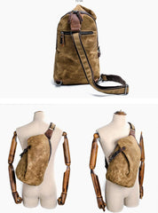 Cool Canvas Leather Mens Sling Bag Waterproof Chest Bag One Shoulder Backpack for Men