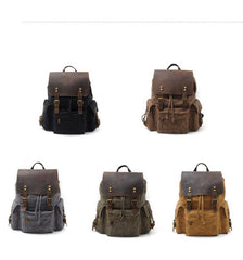 Cool Canvas Leather Mens Waterproof 14'' Computer Backpack Large Hiking Backpack Travel Backpack for Men - imessengerbags