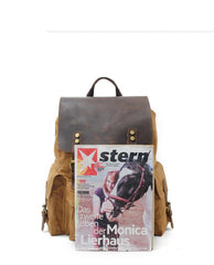 Cool Canvas Leather Mens Waterproof 14'' Computer Backpack Large Hiking Backpack Travel Backpack for Men - imessengerbags