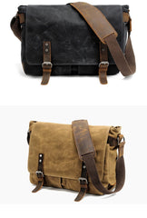 Waxed Canvas Leather Mens Black Waterproof 14‘’ Computer Side Bag Messenger Bag For Men - imessengerbags