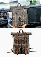 Cool Waxed Canvas Leather Mens Waterproof 16‘’ Large Hiking Backpack Travel Backpack for Men - imessengerbags